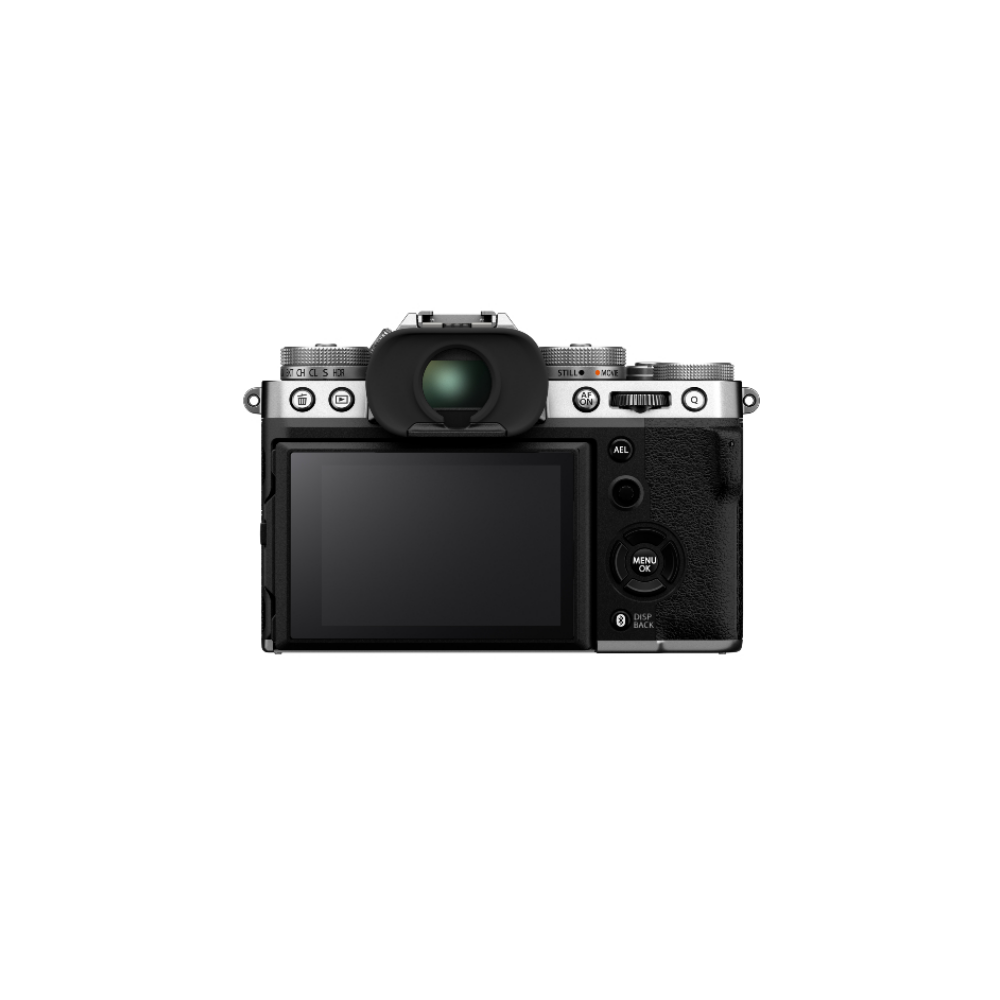 Achterkant van een zwarte Fujifilm camera met scherm en knoppen.