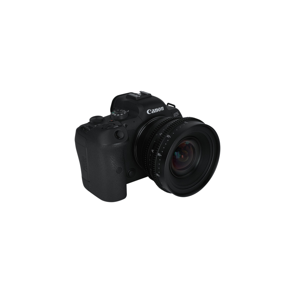 A black Canon EOS camera with a wide-angle lens is shown against a white background.