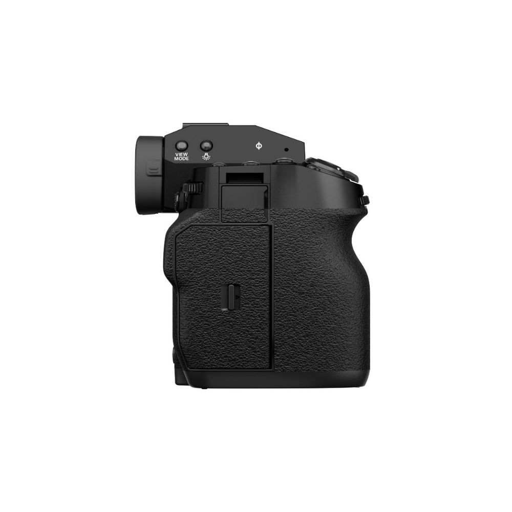 Black digital camera side view with textured grip and buttons.