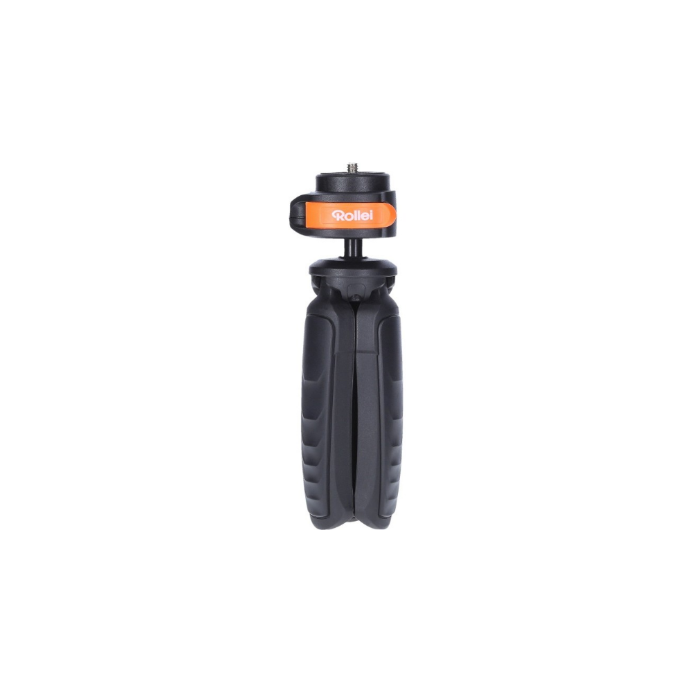 Rollei compact black tripod with orange accent and screw mount, on white background.