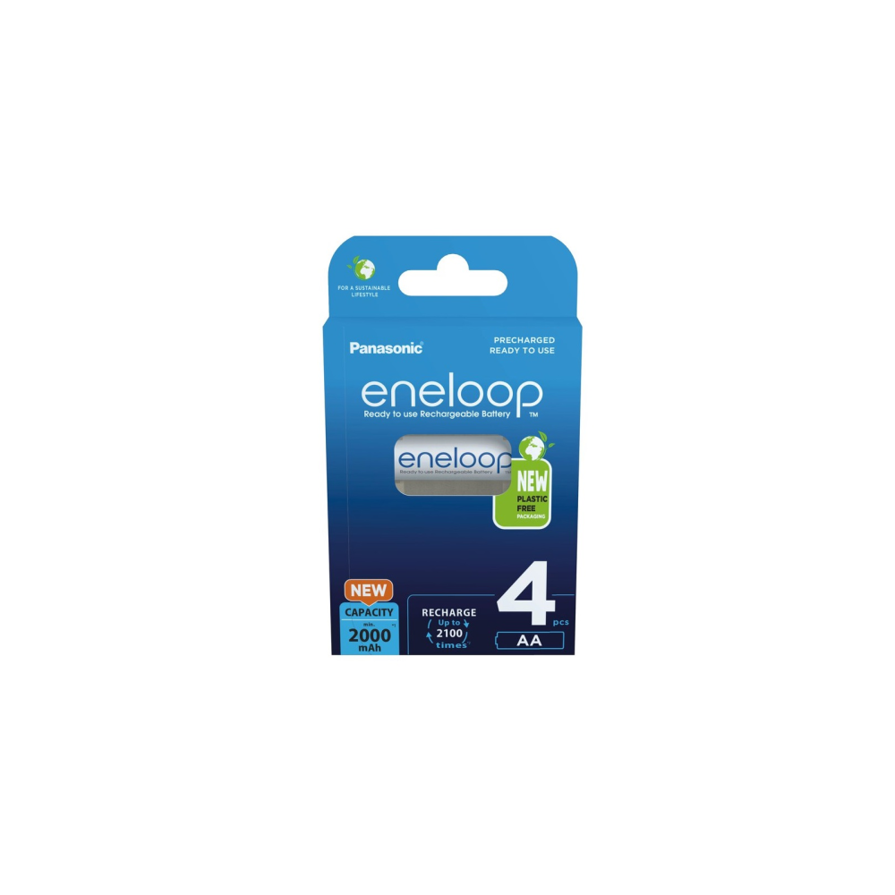 Panasonic Eneloop AA Batterien 4er Pack, 2000mAh, wiederaufladbar, plastikfreie Verpackung.