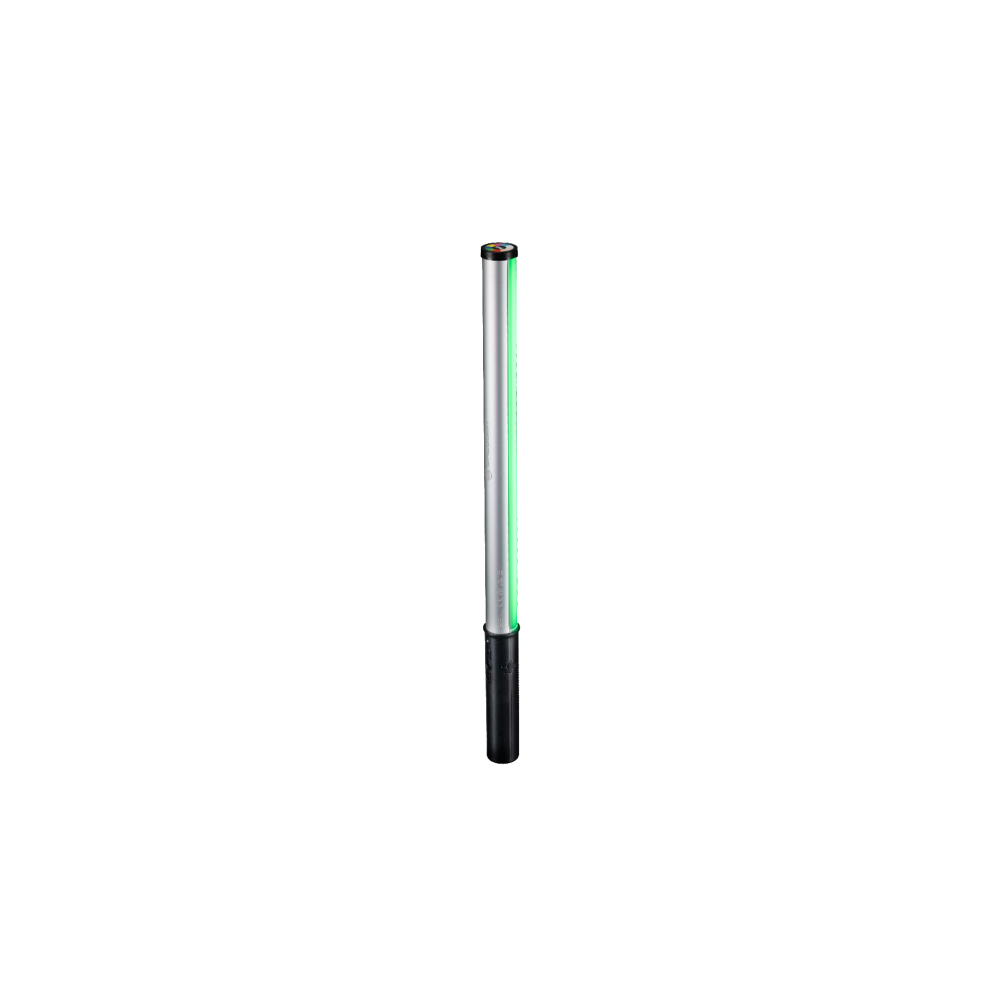 Een zilveren LED-lichtstick met zwarte basis en groen licht.