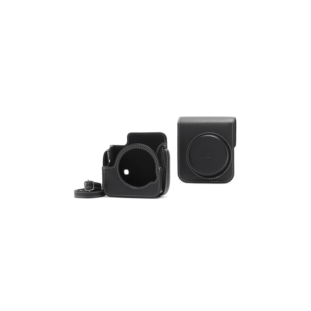 Two black leather camera cases with white stitching on a white background.