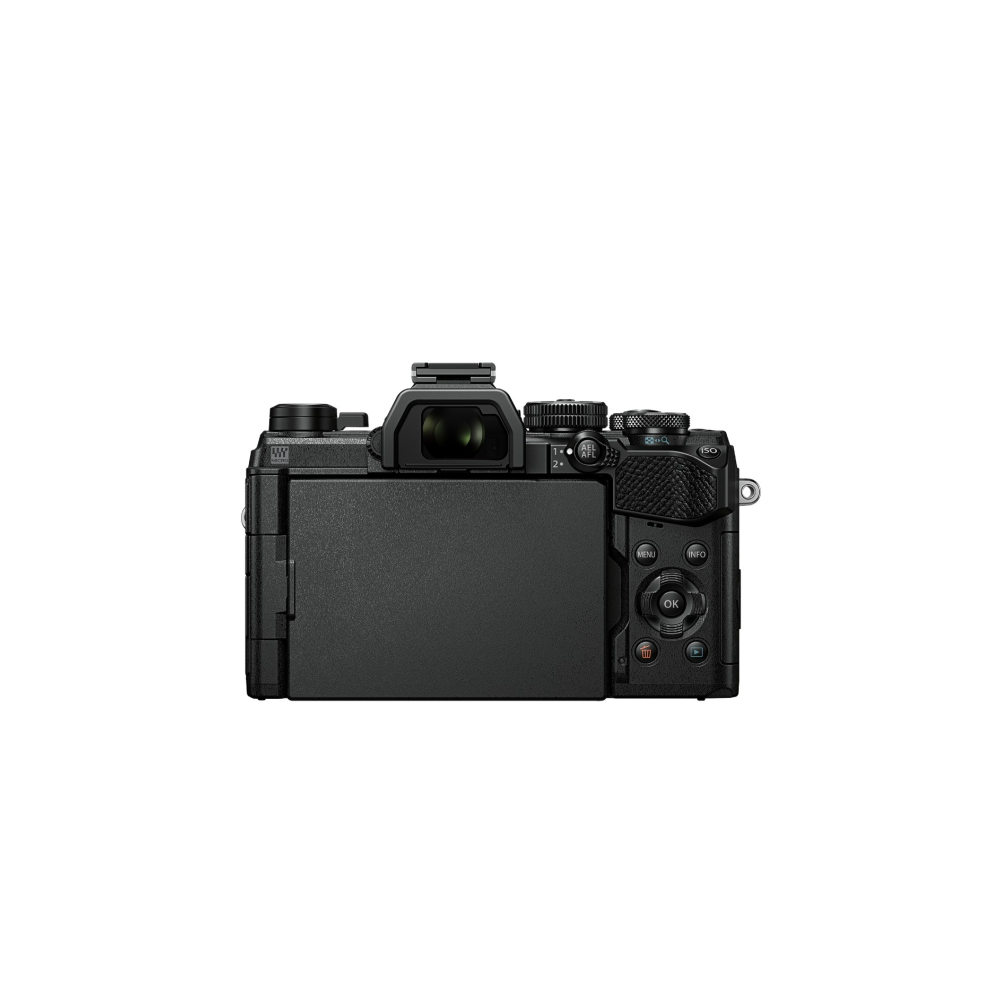 Rear view of a black digital camera with a flip-out screen.
