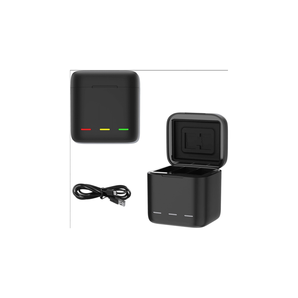 Czarna ładowarka do słuchawek z kablem USB i trzema wskaźnikami ładowania.