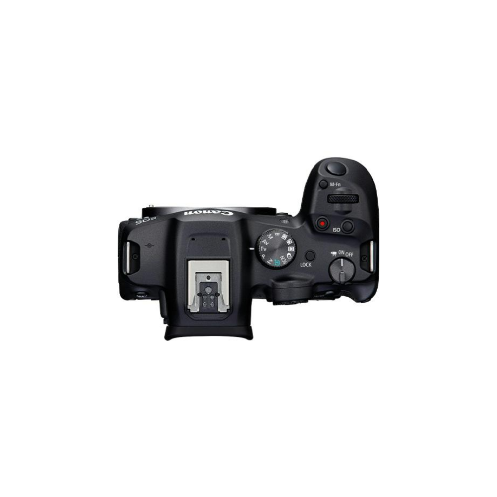 Black Canon EOS R digital camera, top view. Features focus ring and control buttons.