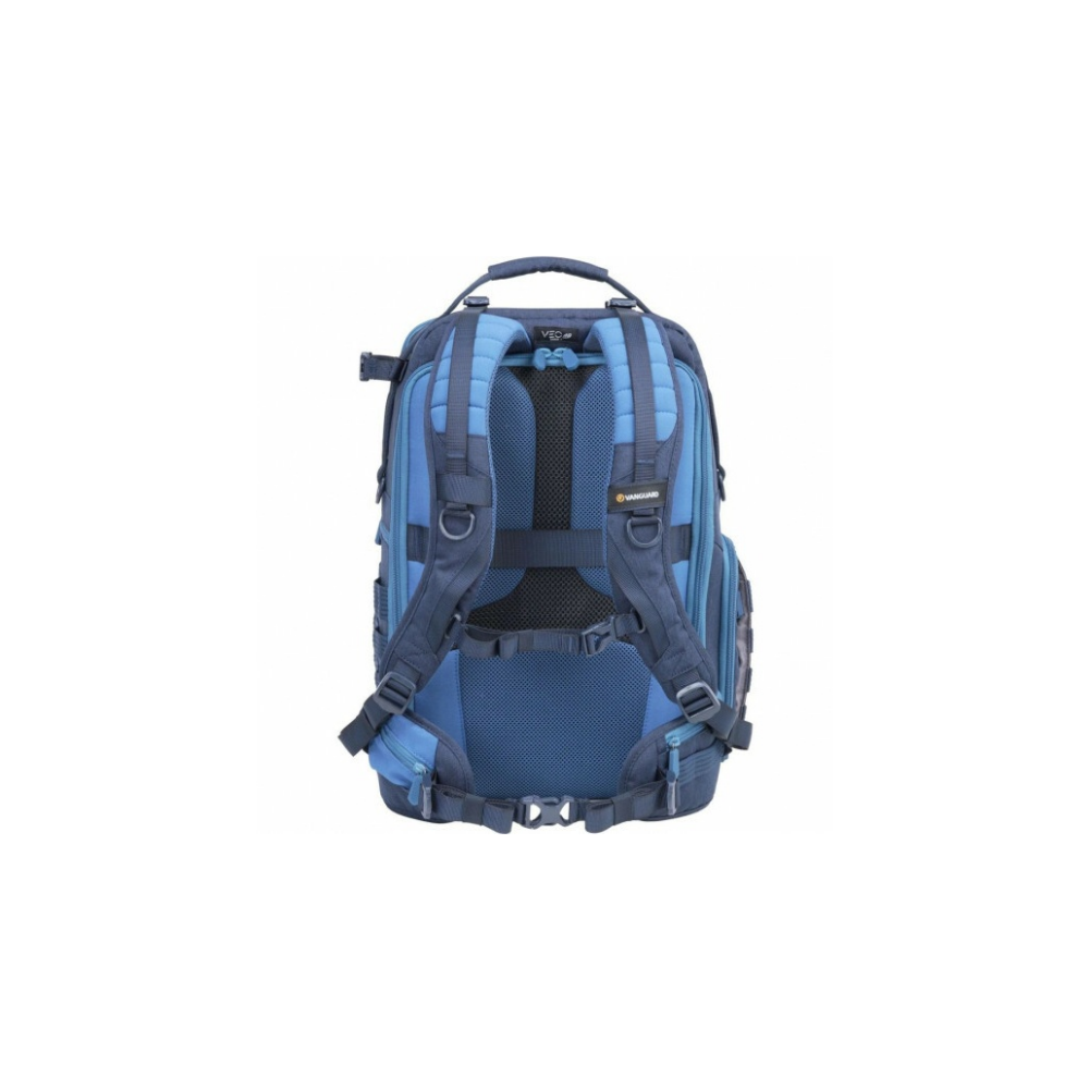 Rückansicht eines blauen Rucksacks mit gepolsterten Trägern und Schnallen.