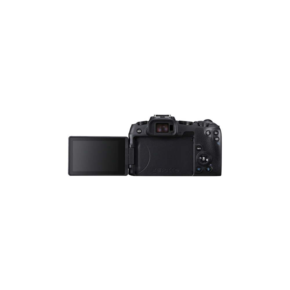 Vista posteriore di una fotocamera digitale nera con schermo ribaltato e controlli visibili.