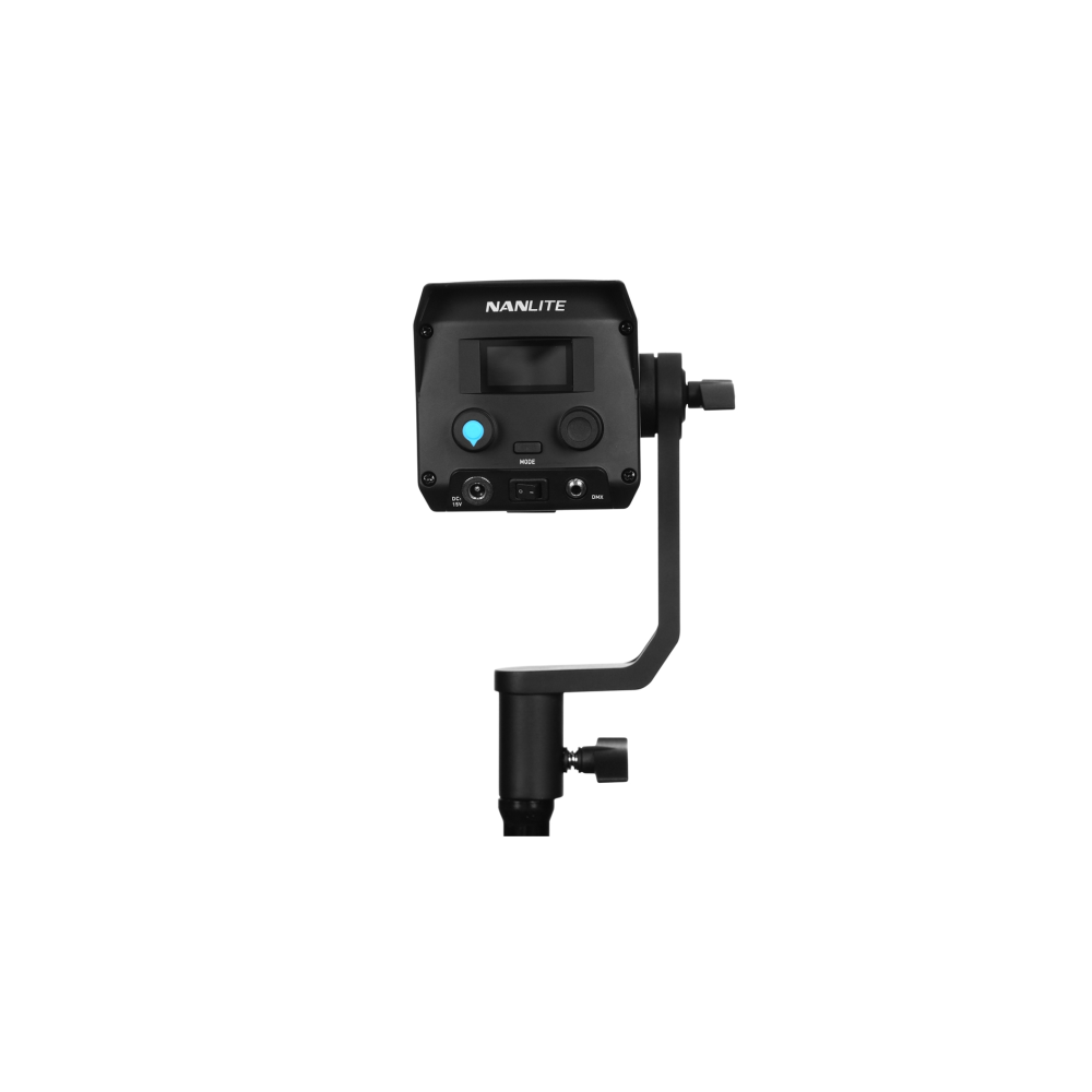 A black, compact LED light with a display and controls, mounted on a black U-shaped bracket.