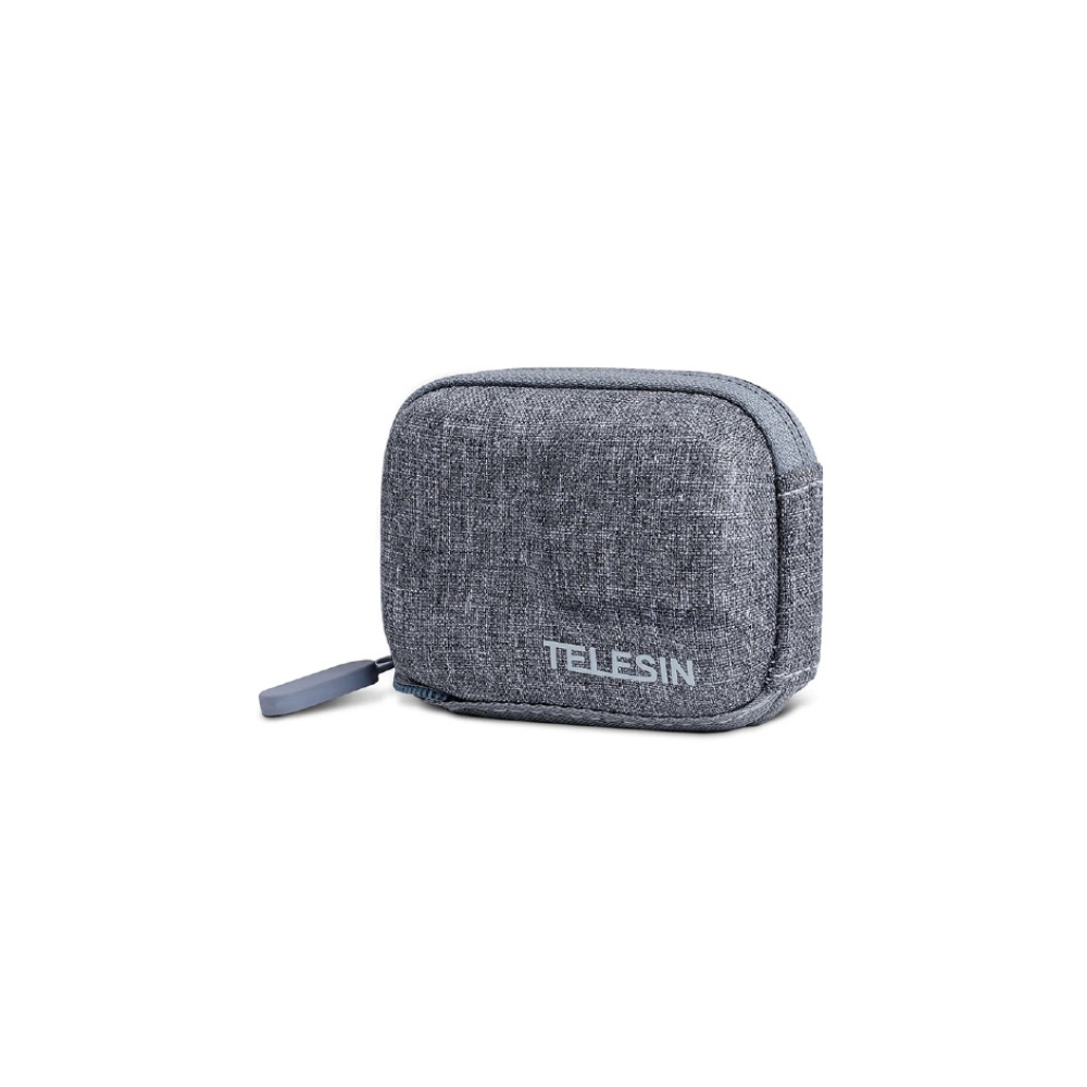Grijze stoffen etui met rits en TELESIN-logo.
