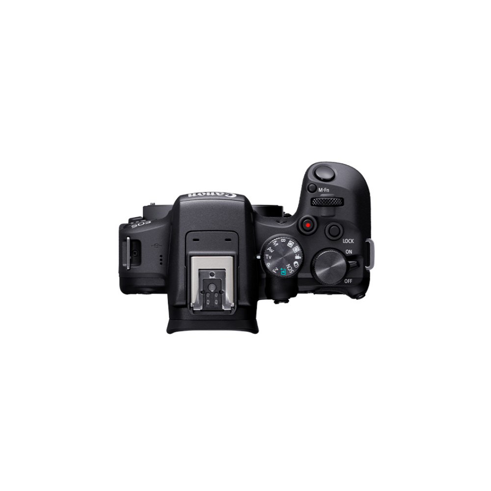 Top view of a black Canon EOS camera with controls and dials.