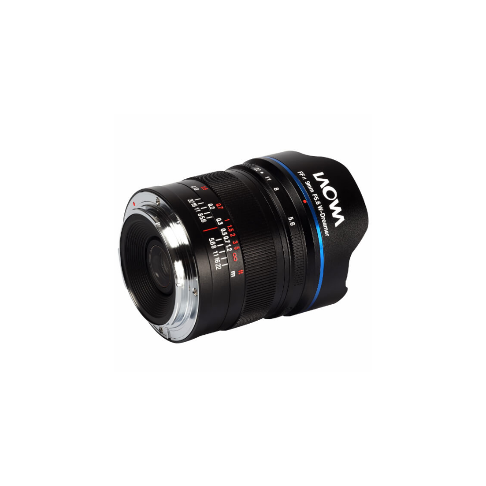 A black Laowa FF11 9mm F5.6 W-Dreamer camera lens with silver mount and blue accents.