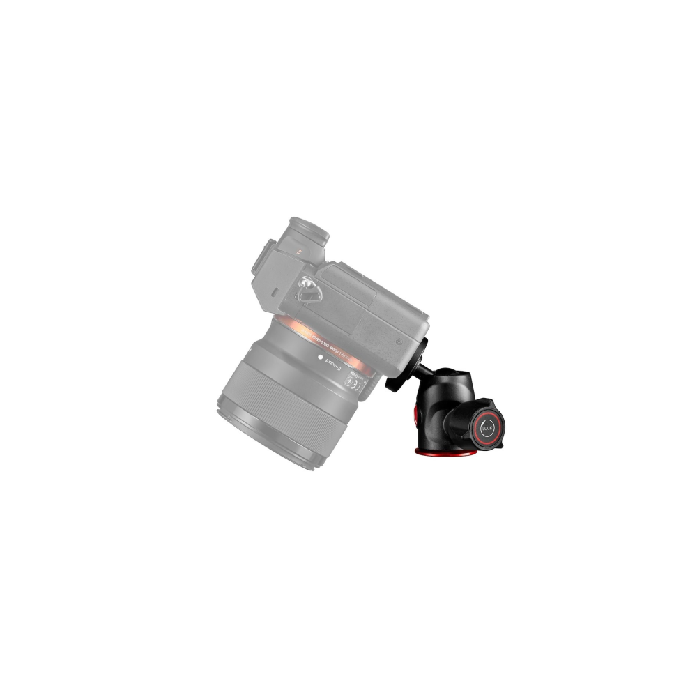 Grijze camera met lens op zwart balhoofdstatief met rode ring.