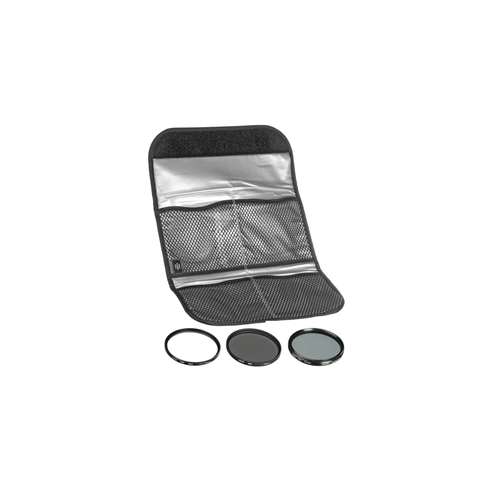 Een zwarte tas met drie ronde filters ervoor.