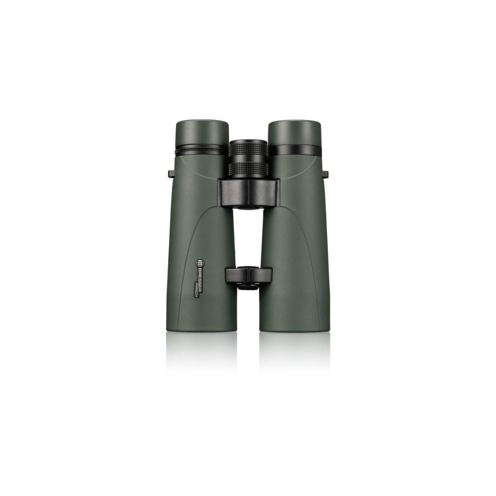 Green binoculars with black focus wheel and strap mount, on a white background.