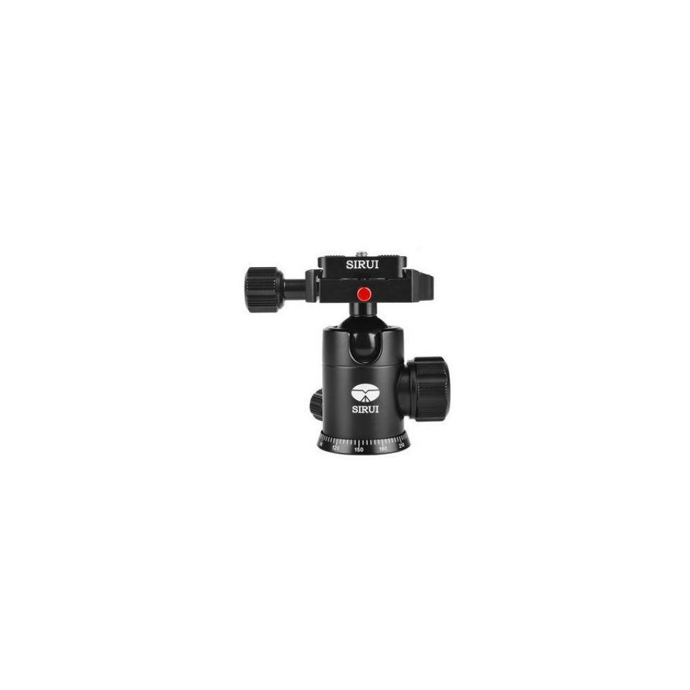 Black Sirui ball head with two adjustment knobs and a scale.