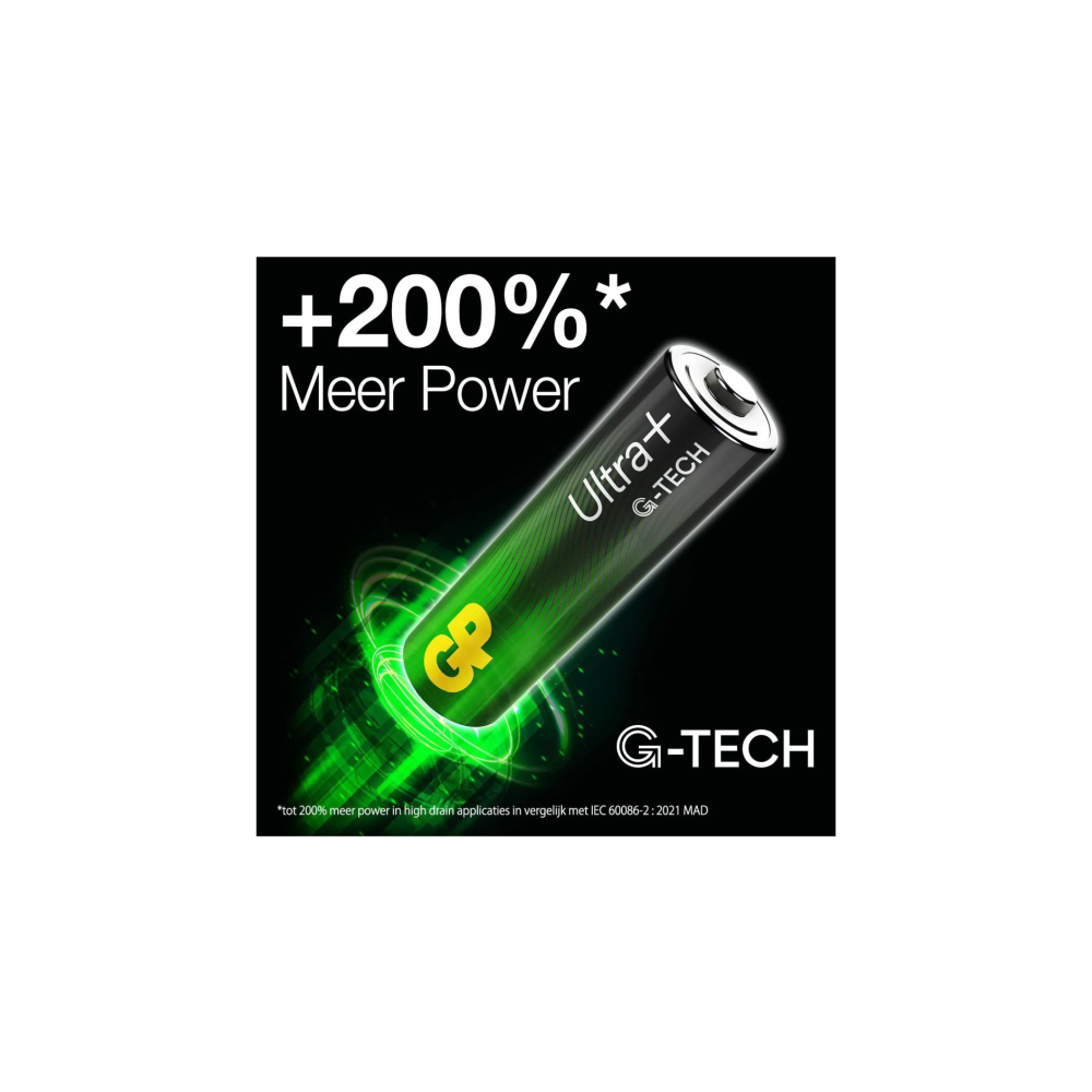 Grüne Batterie mit "+200% Meer Power" Aufdruck. G-TECH Logo unten.