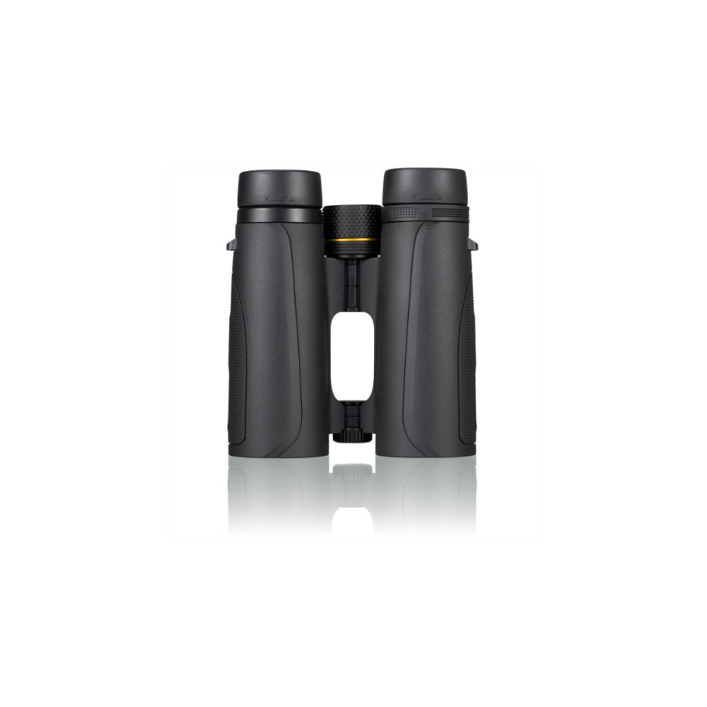 Black binoculars with a focus wheel and a gold ring.