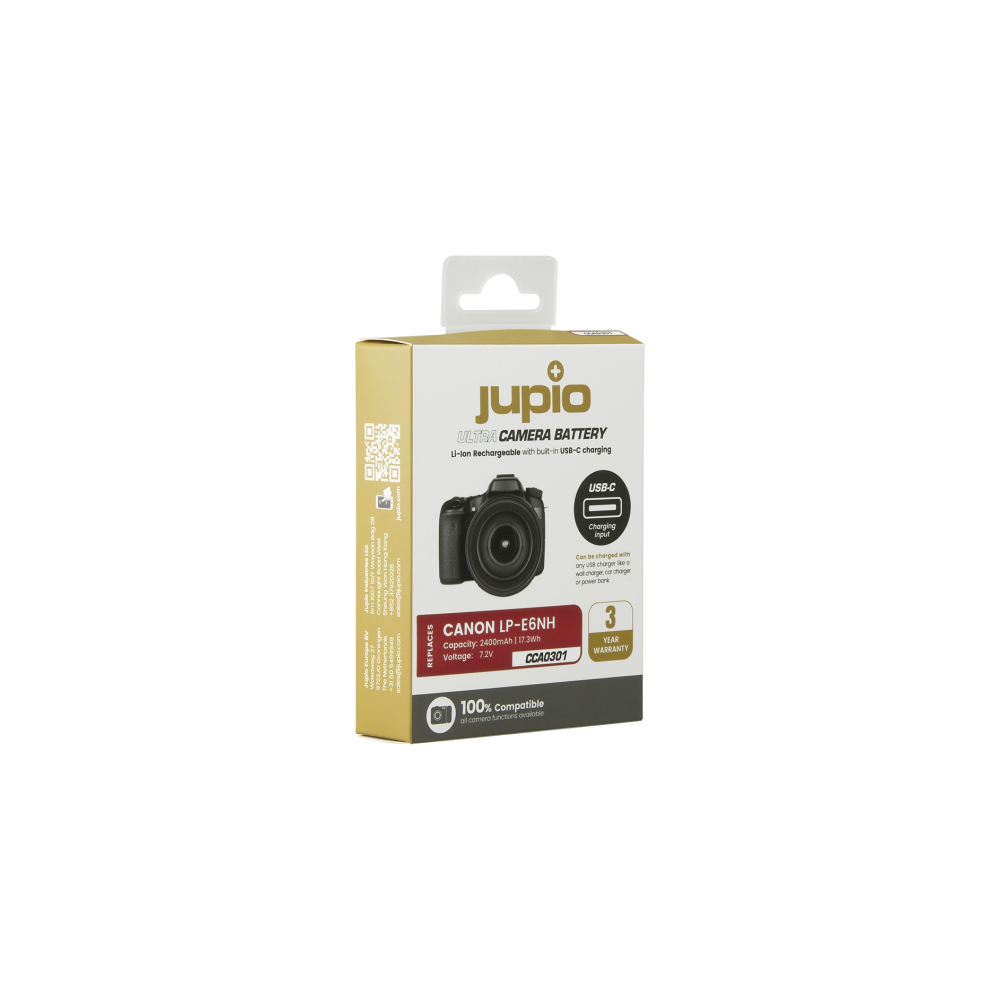 Confezione batteria Jupio per fotocamera con Canon LP-E6NH e ricarica USB-C.