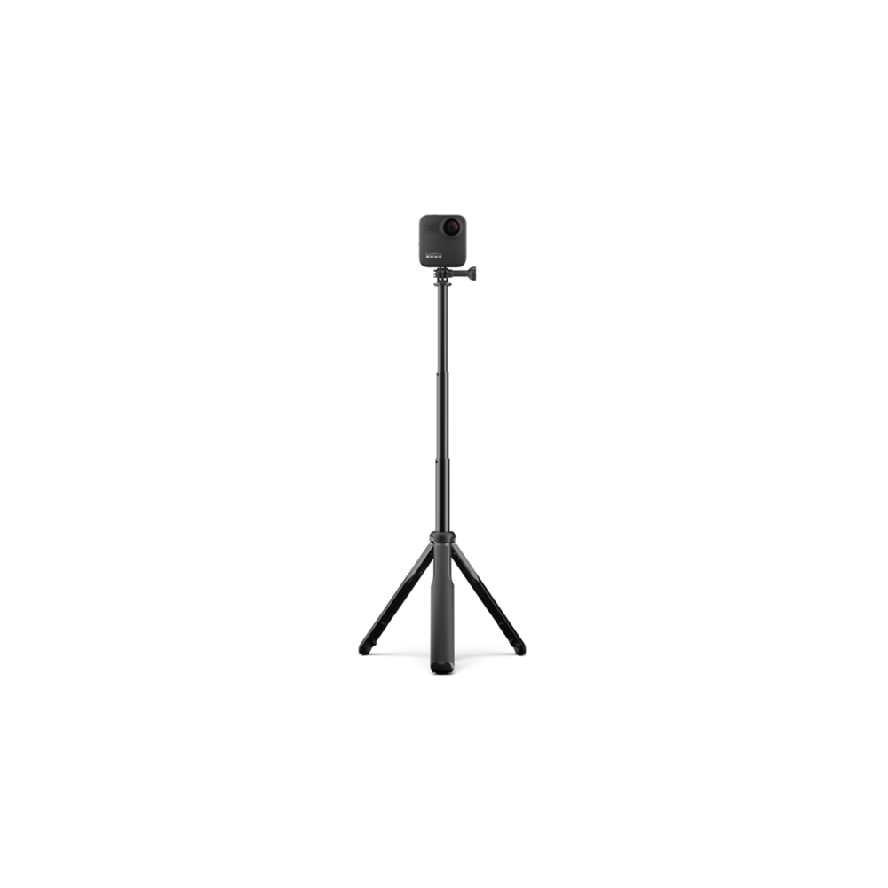 Ein schwarzer Selfie-Stick mit Kamera steht auf einem dreibeinigen Stativ.
