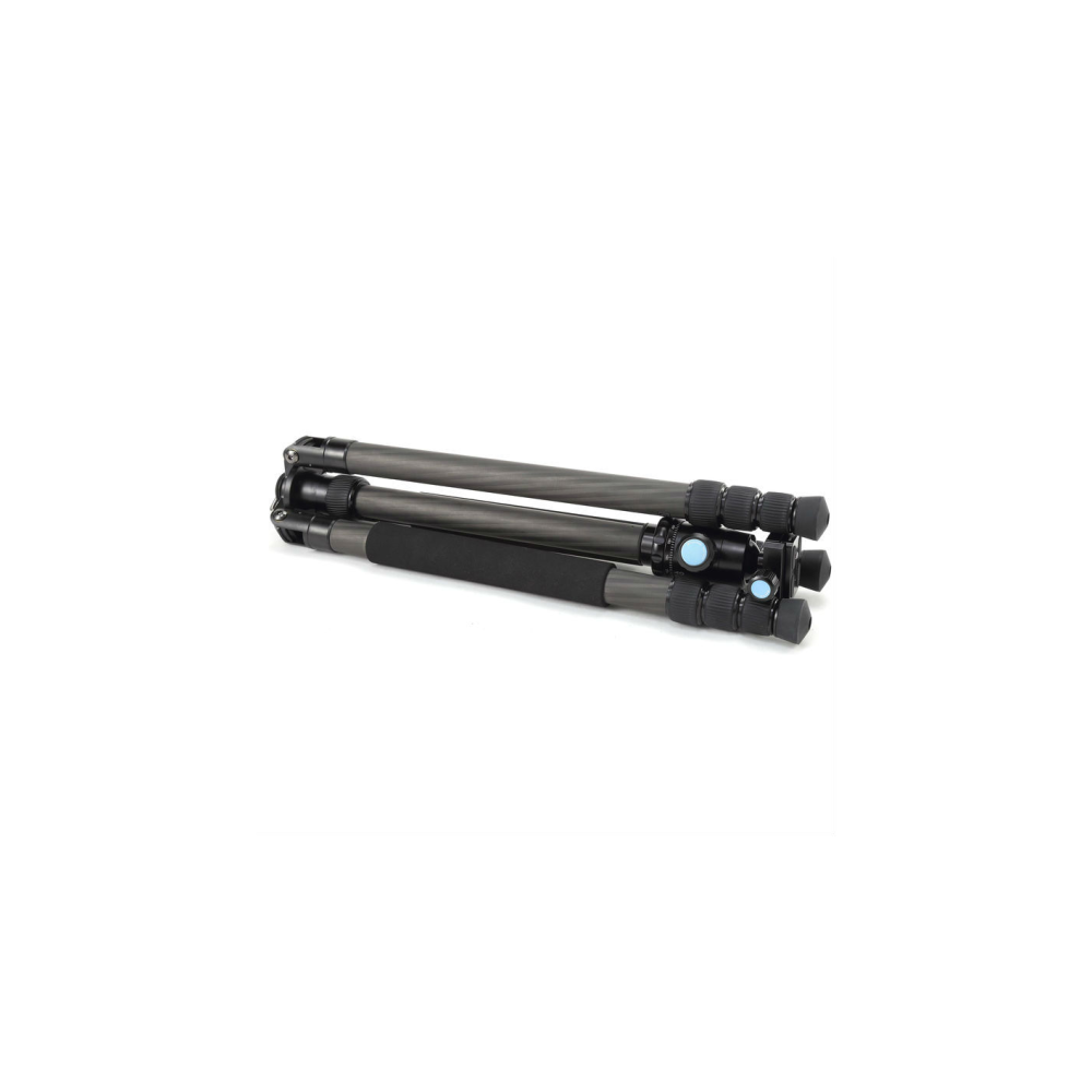 A folded carbon fiber tripod with black grips and blue accents on a white background.
