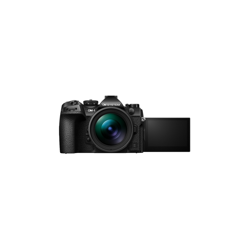 Zwarte OM System camera met uitklapscherm en lens.