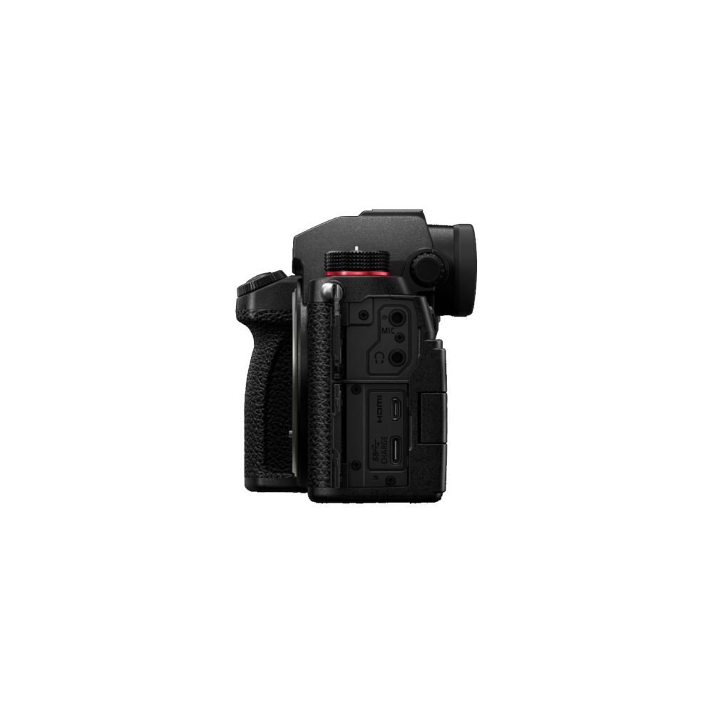 Side view of a black digital camera showing ports like HDMI and USB-C.