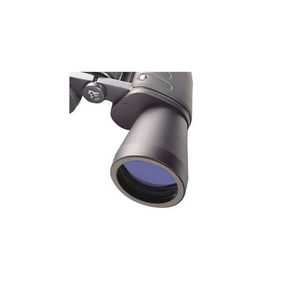 Ein schwarzes Fernglas mit blauem Objektiv und Fokusrad.