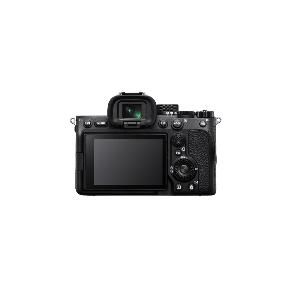 Back view of a black digital camera with LCD screen and buttons.
