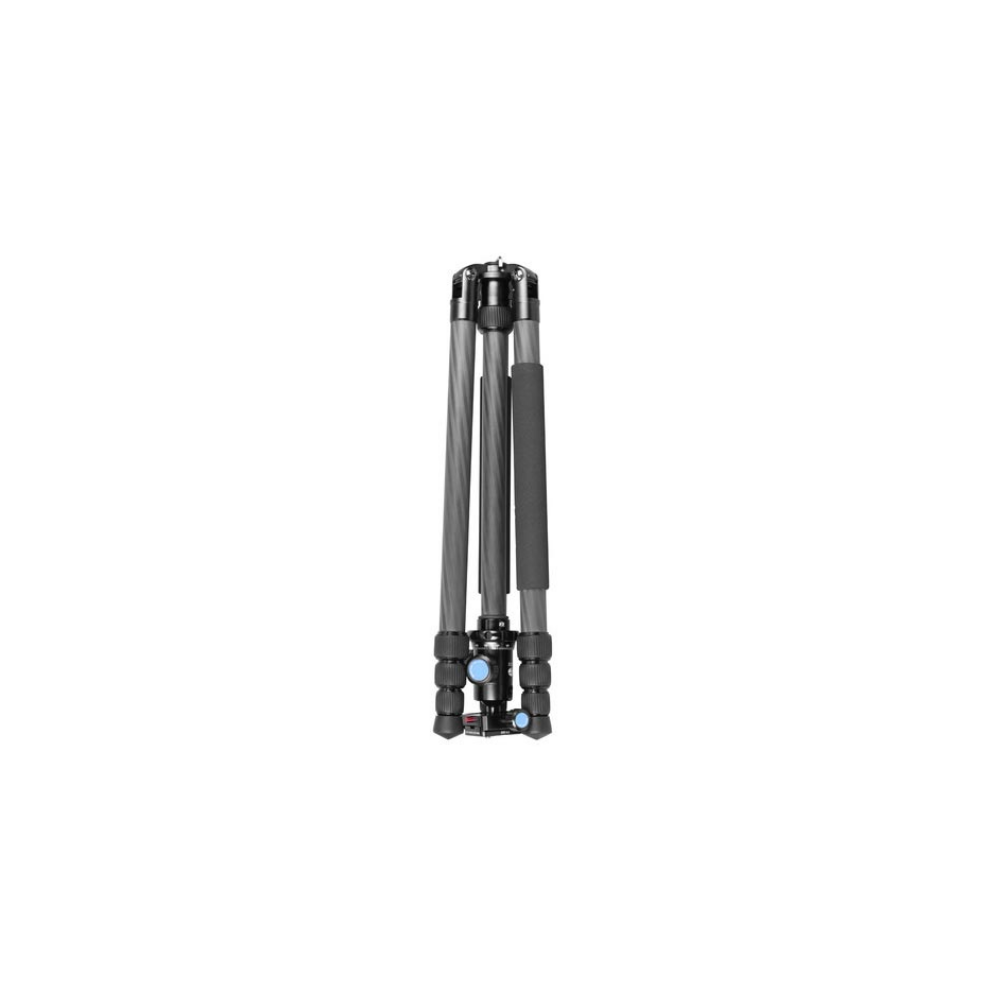 A three-legged carbon fiber tripod with a black grip and blue accents.