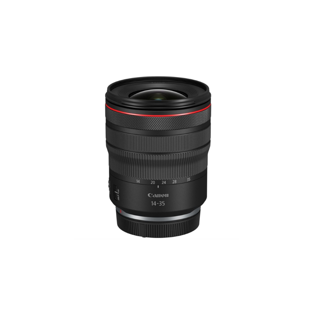 Obiektyw aparatu z czerwonym pierścieniem, napisem Canon 14-35 i skalą ostrości.