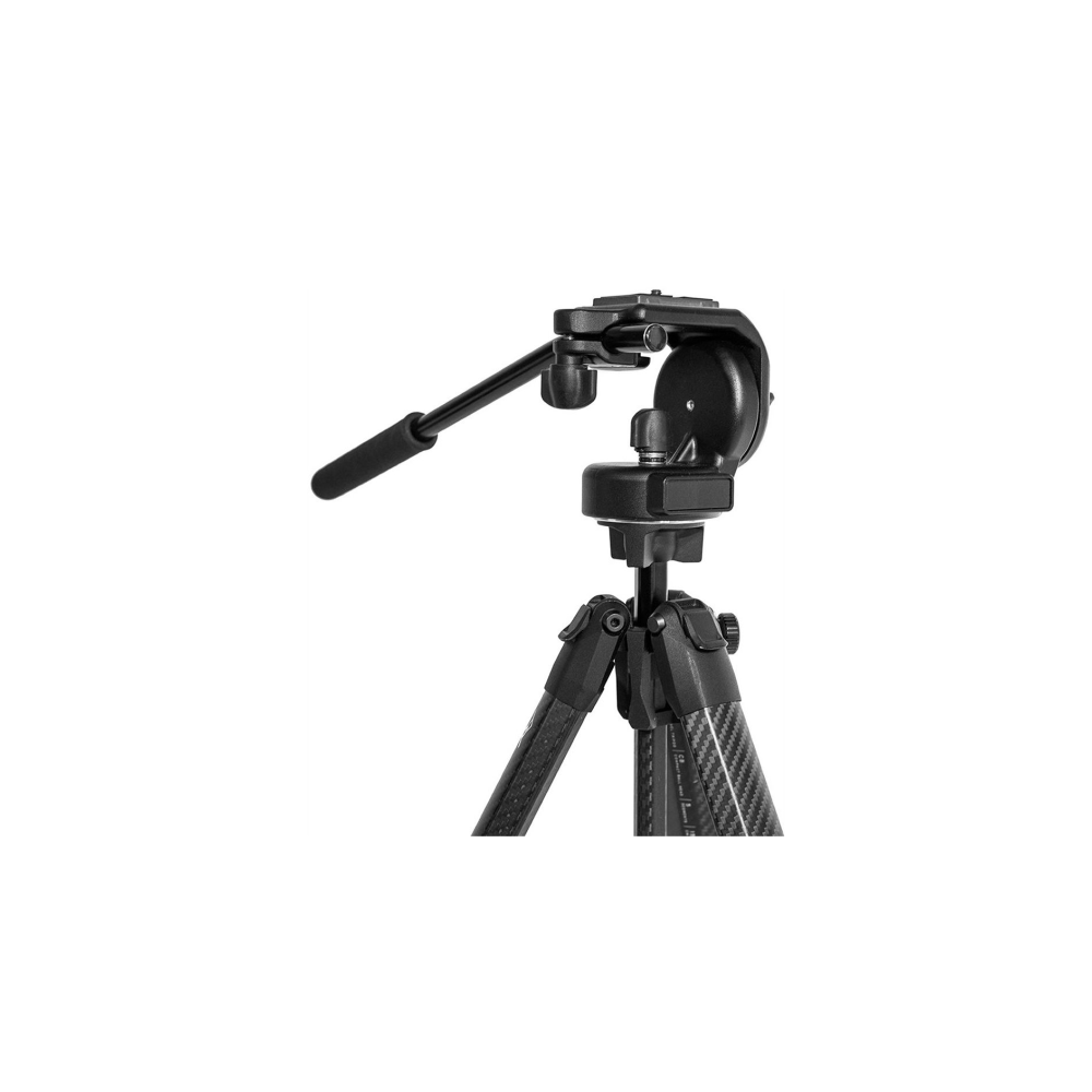 Una testa di treppiede per fotocamera nera con manico e gambe in carbonio.