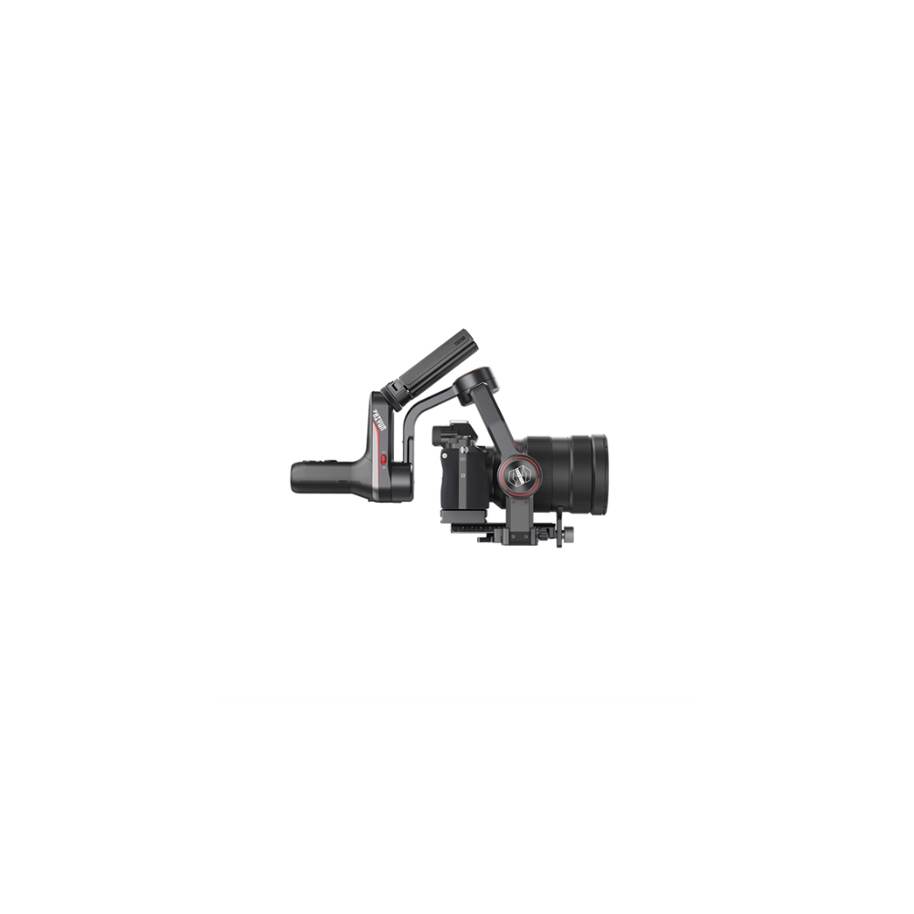 A black camera with a lens attached to a gimbal stabilizer.