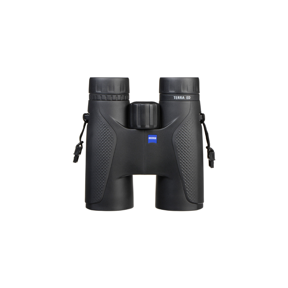 Black Zeiss Terra ED binoculars with focus wheel and straps.