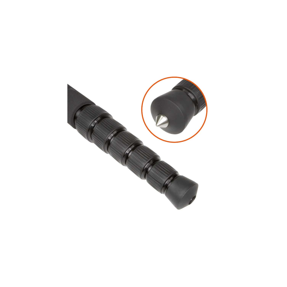 Close-up of extendable tripod leg threads with a metal spike.