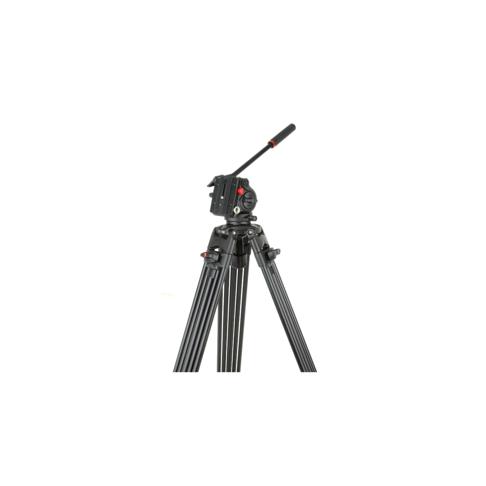 A black tripod for a camera with three legs and a panning arm.