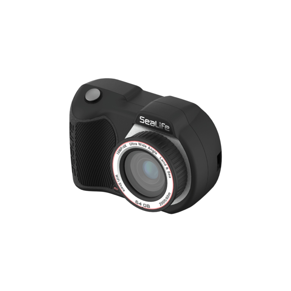 Czarna kamera SeaLife 4K z obiektywem ultraszerokokątnym. Posiada WiFi Share, 64 GB, 60 m.