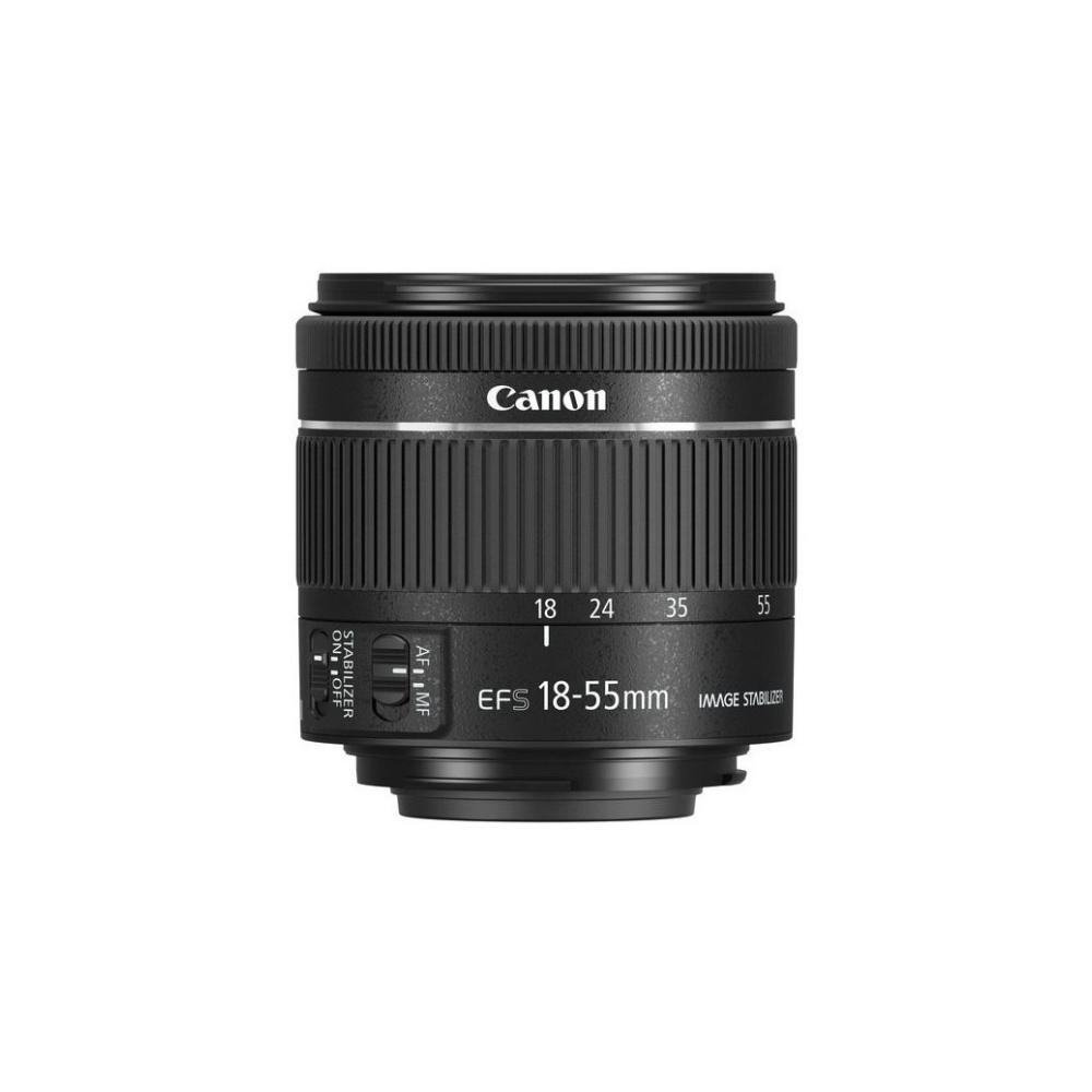 A black Canon EFS 18-55mm lens with zoom ring and markings.