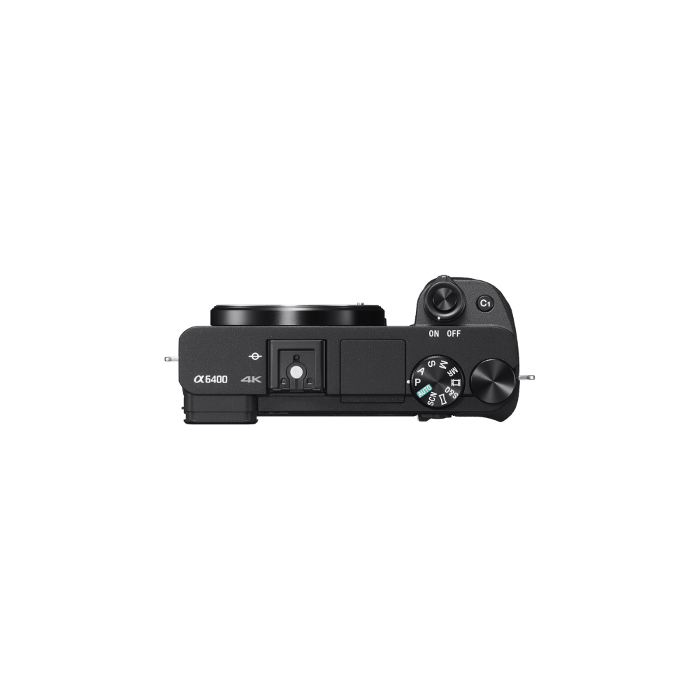 Top view of a black Sony Alpha 6400 camera with focus ring and mode dial.
