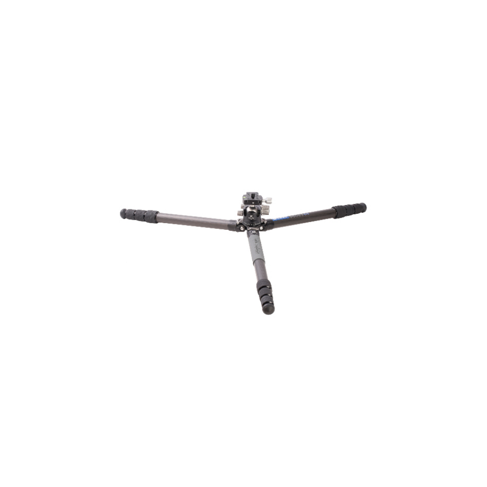A gray carbon fiber tripod with three legs and a head.