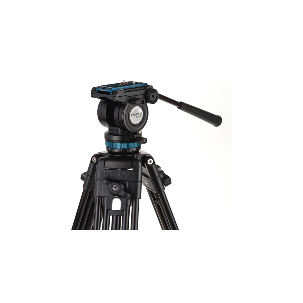 Zwarte videokop statiefkop met blauwe draaiknop op witte achtergrond.