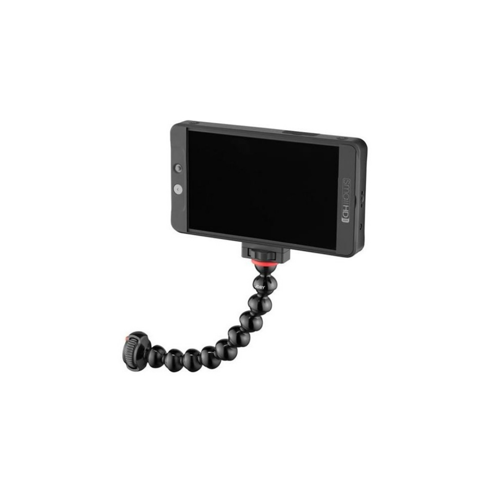 Un monitor SmallHD nero è attaccato a un treppiede nero flessibile con connettore rosso.