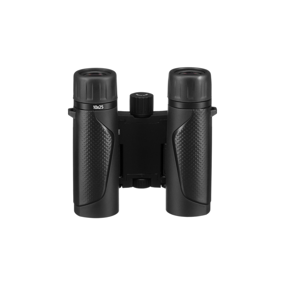 Prismáticos negros 10x25 con agarre texturizado y rueda de enfoque central.