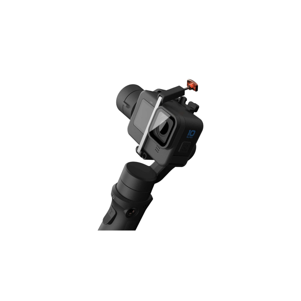 Czarny gimbal trzyma kamerę GoPro z czerwonym światłem.