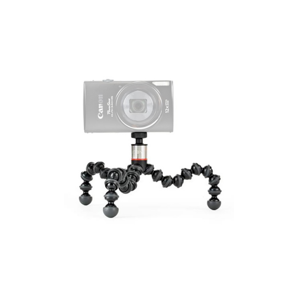 Eine Canon Digitalkamera auf einem flexiblen Gorillapod-Stativ.