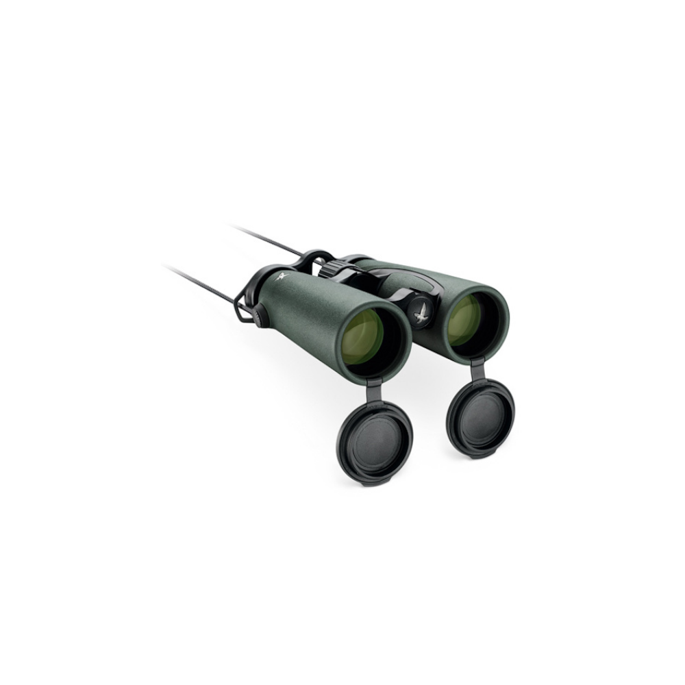 Green binoculars with lens caps, on a white background.