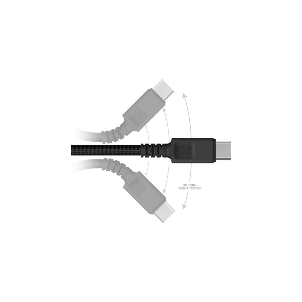 Ein schwarzes USB-C-Kabel mit zwei grauen Enden, das Biegung zeigt.