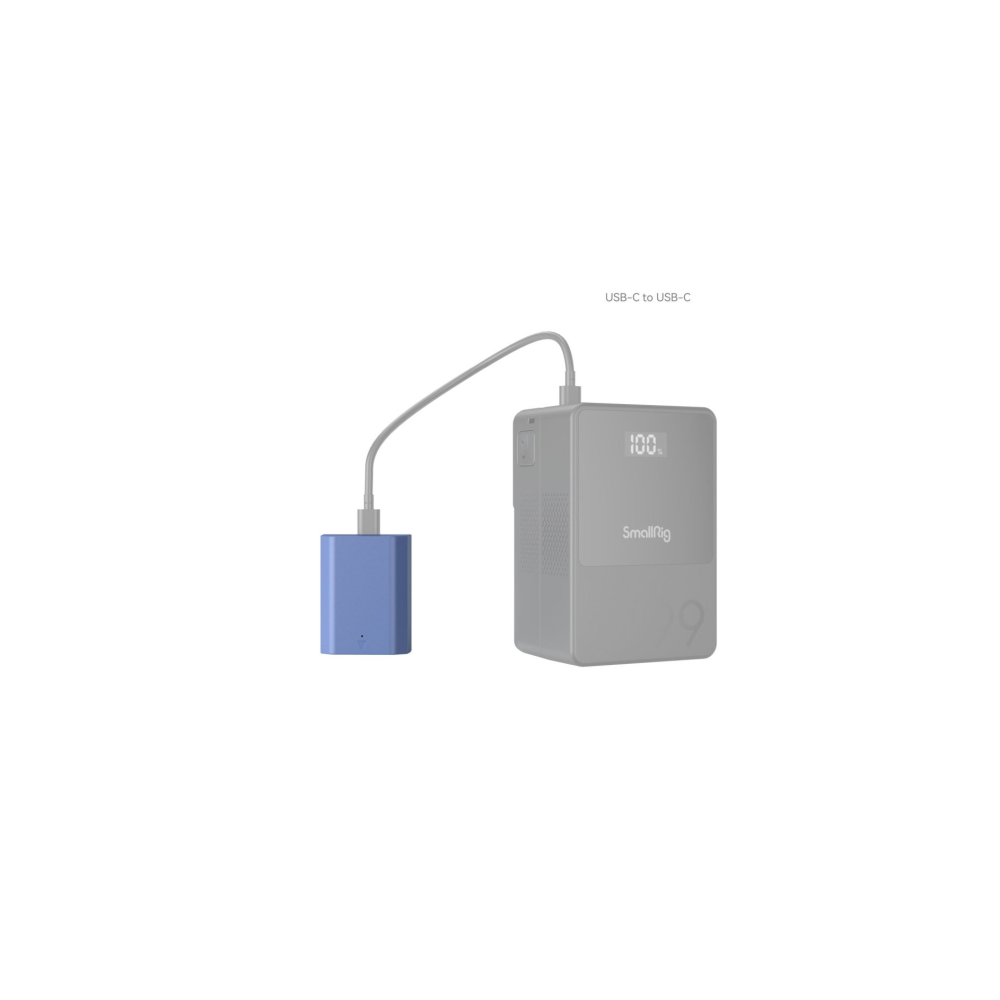 Un rettangolo blu collegato a un caricatore grigio tramite cavo USB-C.
