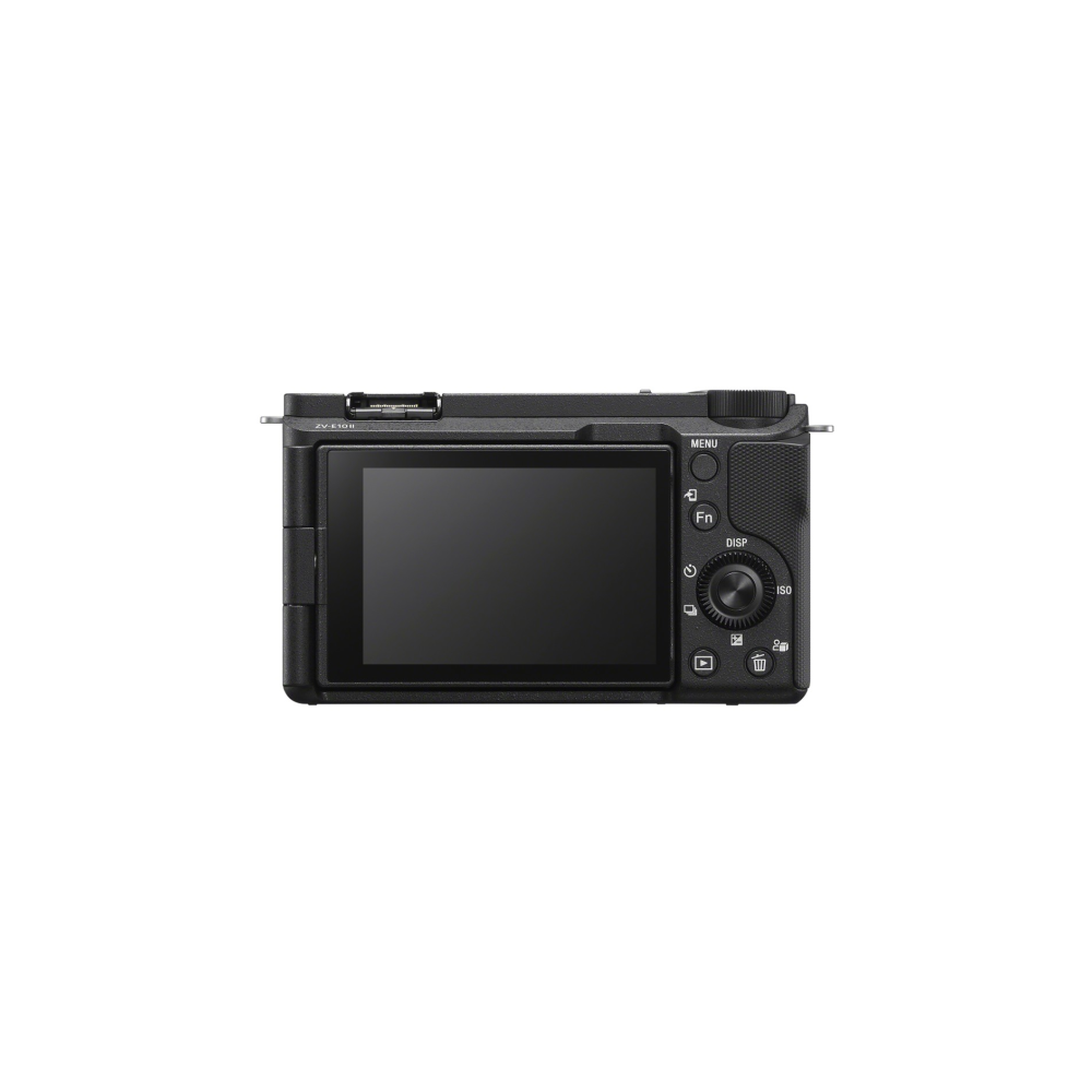 Retro di una fotocamera digitale nera con schermo LCD e pulsanti.
