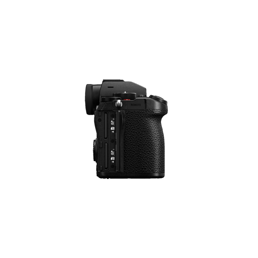 Black camera side view showing SD card slots and a 'Remote' button.